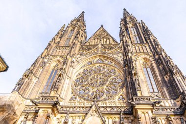 Prag Çek Cumhuriyeti 'ndeki Aziz Vitus Katedrali' nin Rose penceresi. Praha Kalesi 'nin Gotik mimarisi. Eski tarihi yapı.