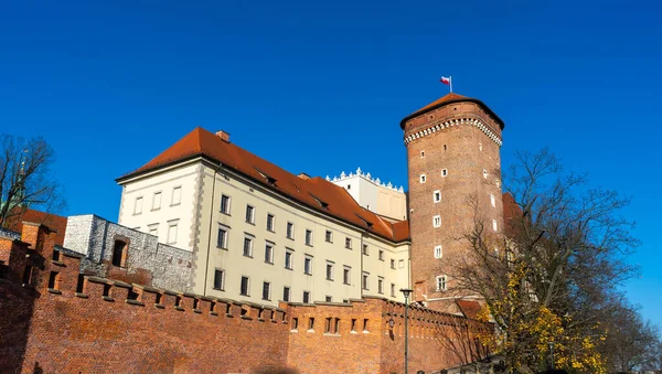 Krakow 'daki Wawel Kalesi. Nehir seti. Eski bina mimarisi. Krakow, Polonya bayrağı
