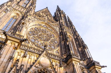 Prag Çek Cumhuriyeti 'ndeki Aziz Vitus Katedrali Kilisesi. Praha Kalesi 'nin Gotik mimarisi. Eski antik bina simgesi. Gül penceresi