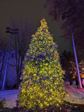 Noel ağacı geceleri parlıyor. Dekorasyon çelenkleri ve Noel baloları. Sokakta kış karı.