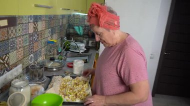 Evde yemek pişiren yaşlı bir kadın. Elmalı turta yap. Büyükanne.