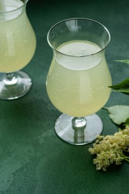 Karbonatlı mürver çiçeği içeceği. Gözlüklü yaz kvass 'ı. Köpüklü ev yapımı taze hugo suyu..