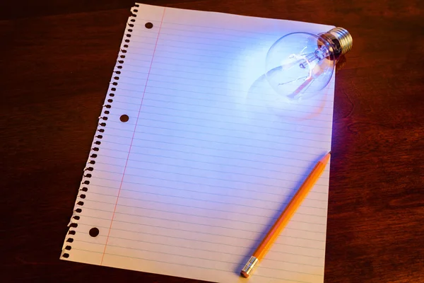 笔记本纸和灯泡 — 图库照片