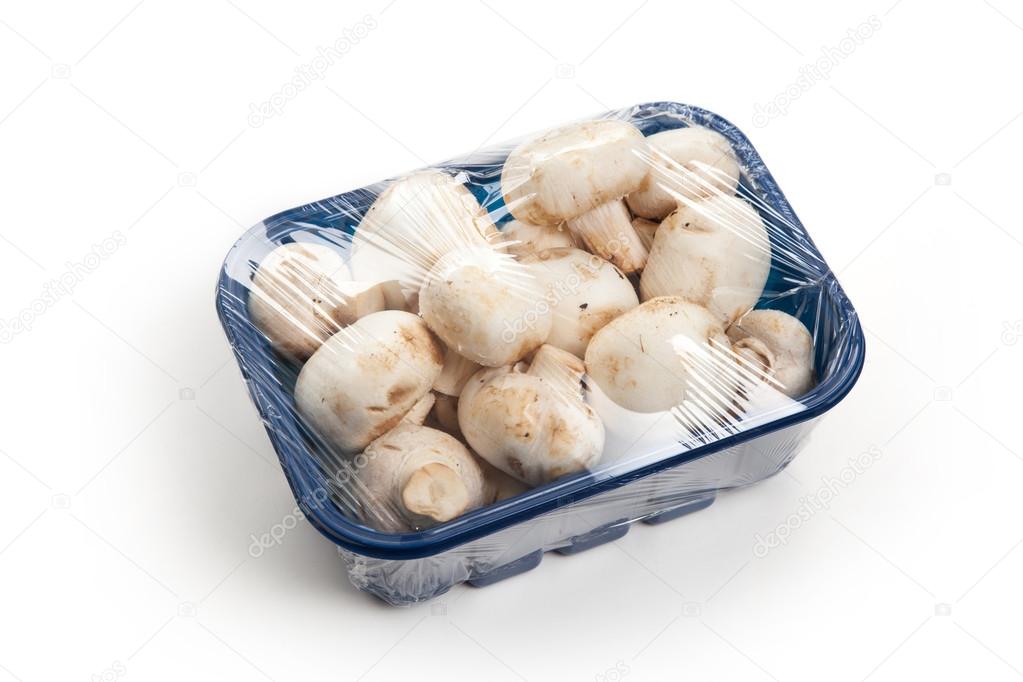 Mushrooms in blue plastic box