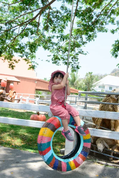 Little Asian Girl Sitting Swinging Car Tyre Playground — Zdjęcie stockowe