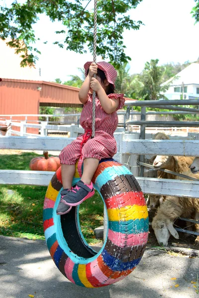 Little Asian Girl Sitting Swinging Car Tyre Playground — Zdjęcie stockowe