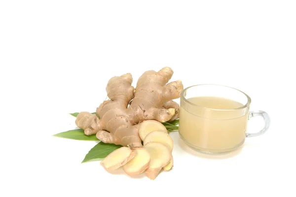 Ginger Rhizome Leaf Glass Ginger Juice Isolated White — Stock Photo, Image