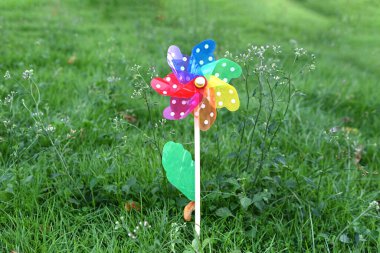 Güneşli bir yaz gününde yeşil çimenlerin arka planında oyuncak yel değirmenleri 