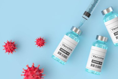Coronavirus aşısının 3 boyutlu çizimi. Tıbbi konsept Covid-19 Corona virüs aşısı.