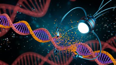 Nanoteknoloji alanında tıbbi konsept. Genetik mühendisliği ve DNA molekülünün bir kısmını değiştirmek için nanorobotların kullanılması. 3 Boyutlu Resim.