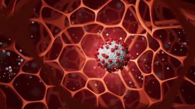 Virüs soyut bir hücresel ortamda yüzüyor. Sağlık riski tıbbi konsepti. Coronavirus, covid-19. 3 Boyutlu Resim.
