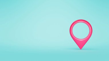 3D kırmızı konum sembolü. Mavi arkaplanda harita imleci simgesi. 3d illüstrasyon.