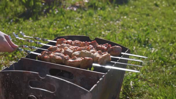 Grille vlees barbecue met rook. Barbecue op de grill. Zomerpicknick. — Stockvideo