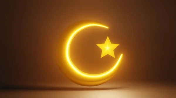 Crescent moon and stars golden Islamic symbol 3D rendering