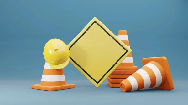 Traffic cones road cones safety helmet and road sign 3d rendering