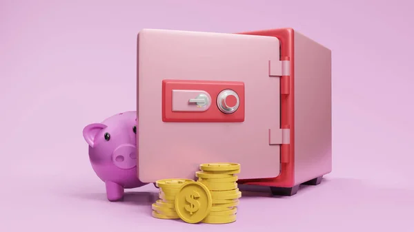 Safe Box Font View Coin Piggy Bank Pink Rendering — Stock Photo, Image