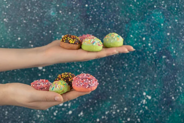 Χέρια κρατώντας πολύχρωμα γλυκά μικρά ντόνατς με τρούφα — Φωτογραφία Αρχείου