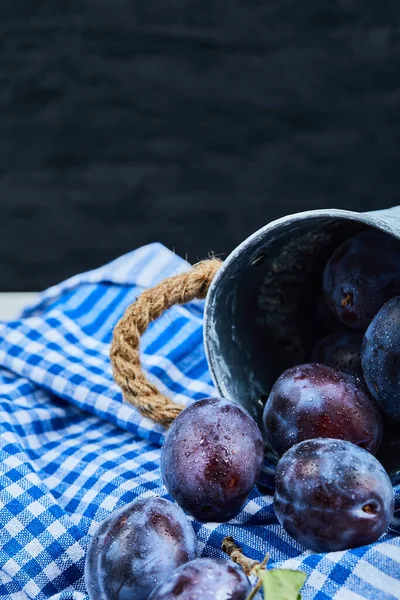 Petit seau de prunes de jardin sur fond sombre avec nappe — Photo