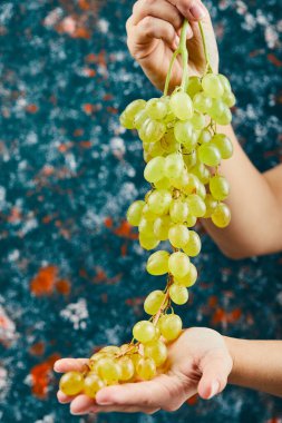 Elinde bir demet yeşil üzüm tutan adam