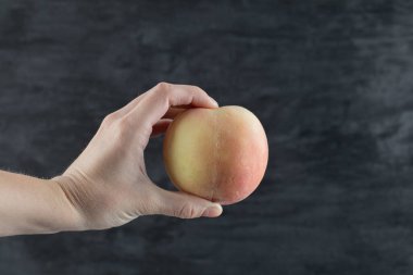 Parmaklarının arasında sarımsı bir elma tutan çiftçi.