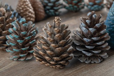 Ahşap güvertede doğal mavi ve altın renkli meşe ağacı konileri.