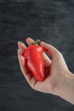 Kadın eli taze kırmızı biberi tutuyor.