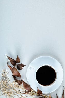 Beyaz arka planda kurumuş bitkilerle bir fincan çay.