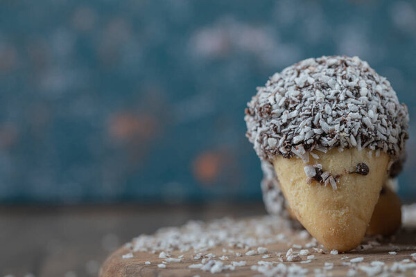 Homemade hedgehog cookies with chocolate cream and coconut powder. High quality photo