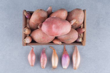 Gri arka planda taze organik patates ve soğan. Yüksek kalite fotoğraf
