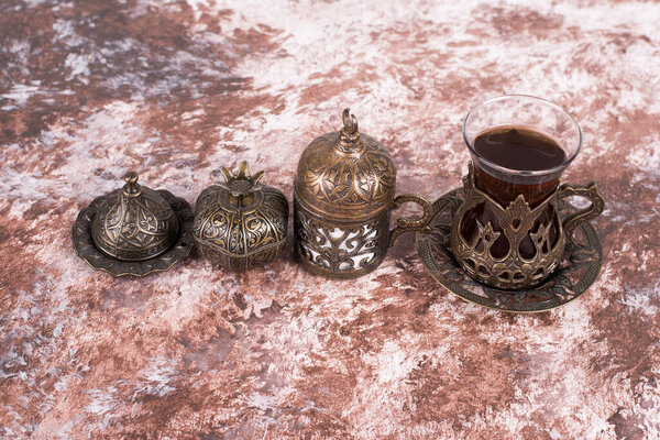 traditional turkish tea in a glass on  background.