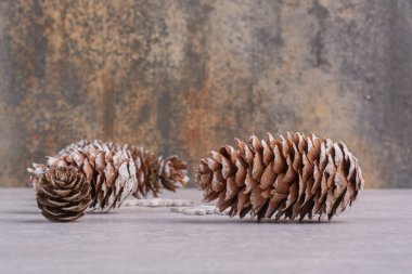 Beyaz masada birkaç kozalak var. Yüksek kalite fotoğraf