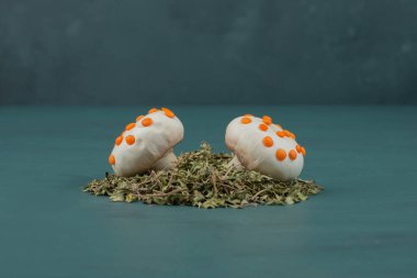 Mavi arka planda kurutulmuş otlu iki beyaz mantar. Yüksek kalite fotoğraf