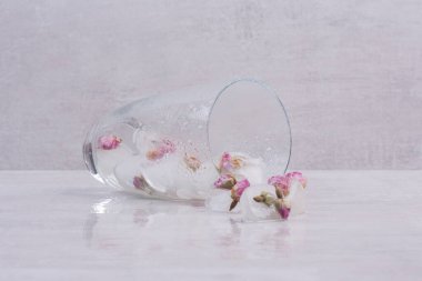 Beyaz yüzeyde buzun içinde donmuş çiçekler. Yüksek kalite fotoğraf