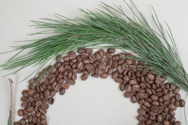 Gri arka planda dalları olan kahve çekirdekleri. Yüksek kalite fotoğraf