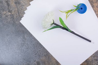 Mermer zemin üzerinde kalem olan boş kağıtlar. Yüksek kalite fotoğraf