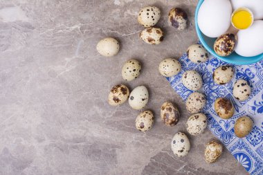 Yumurta çeşitleri mavi bir fincanda ve yerde. Yüksek kalite fotoğraf