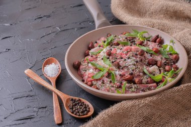 Taze naneli çiğ et salatası ve koyu arkaplanda baharatlar. Yüksek kalite fotoğraf