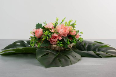 Gri yüzeyinde yaprakları olan pembe güller. Yüksek kalite fotoğraf