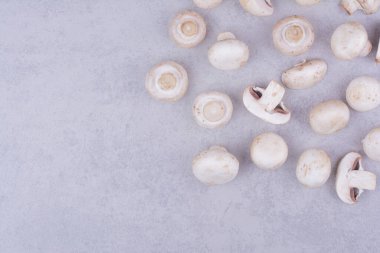 Gri arka planda beyaz mantarlar. Yüksek kalite fotoğraf