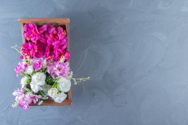 Beyaz arka planda, bir kutuda çeşitli çiçekler. Yüksek kalite fotoğraf