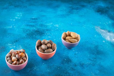 Mavi arka planda çeşitli fındıklar var. Yüksek kalite fotoğraf