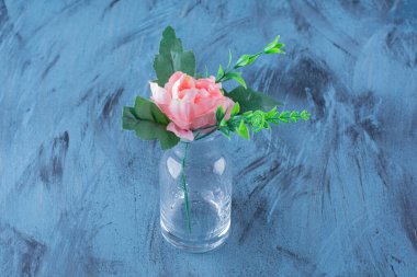 Mavi arka planda cam bir pembe gül şişesi. Yüksek kalite fotoğraf