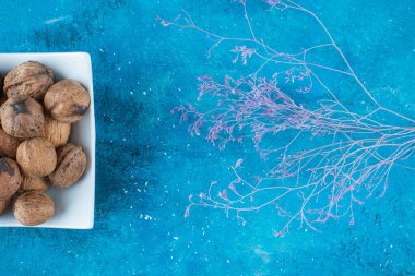 Mavi arka planda kabuklu cevizler. Yüksek kalite fotoğraf