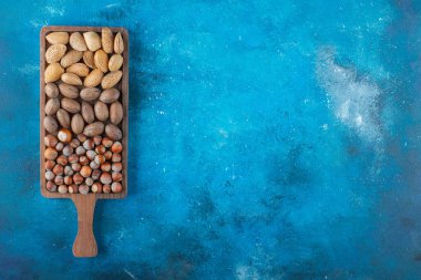 Mavi arka planda bir panoda çeşitli fındıklar var. Yüksek kalite fotoğraf