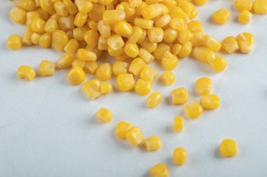 Terbiye edilmiş mısır tohumlarının beyaz zemin üzerindeki fotoğrafını kapat