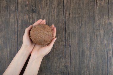 Ahşap yüzeyde tek olgun hindistan cevizini tutan kadın eller.