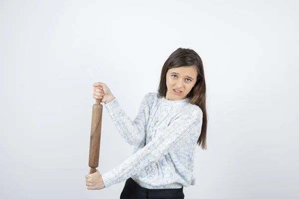 Young Woman Holding Rolling Pin White Background High Quality Photo — Stock Photo, Image