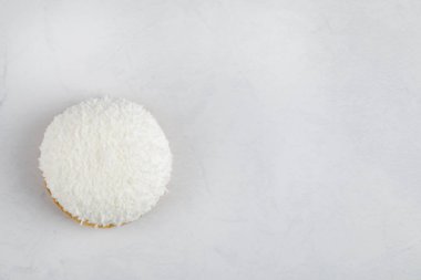 Beyaz arka plana hindistan cevizi parçacıkları serpiştirilmiş bir kurabiye. Yüksek kalite fotoğraf