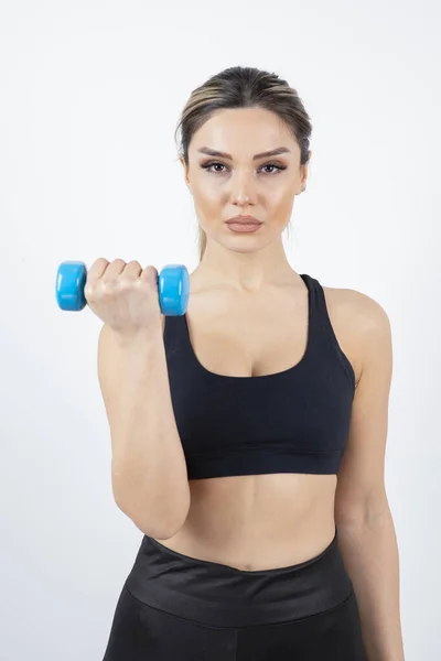 Blonde Fit Woman Black Top Standing Exercising Dumbbell High Quality — Stock Photo, Image