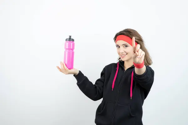Beautiful Sporty Woman Holding Bottle Water White Wall — Stock Photo, Image